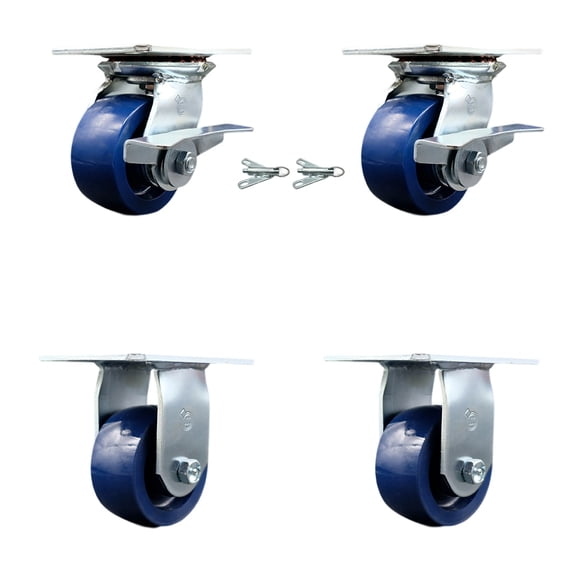 4 Inch Solid Poly Caster Set 2 Brakes/Swivel Locks and 2 Rigid Service Caster