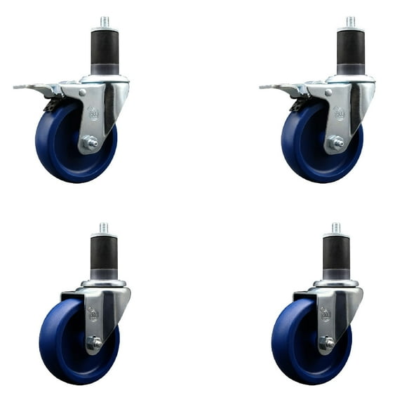 4 Inch Solid Poly Swivel 1-5/8 Inch Expanding Stem Caster Set 2 Brakes