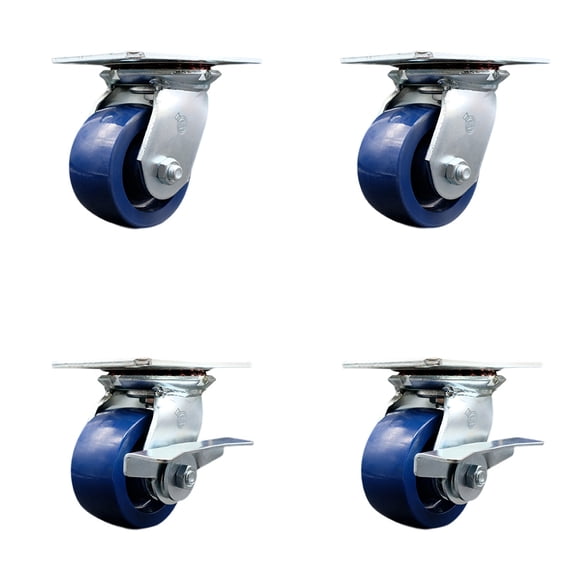4 Inch Solid Poly Swivel Caster Set with Ball Bearings 2 Brakes Service Caster