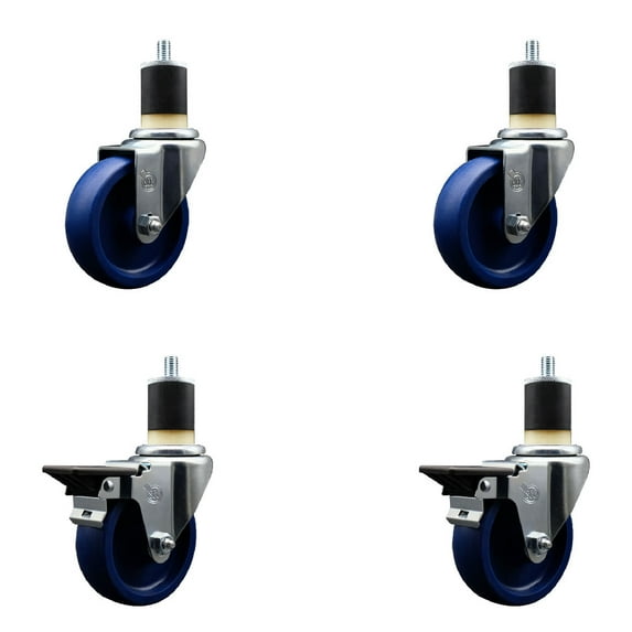 4 Inch Solid Poly Wheel Swivel 1-7/8 Inch Expanding Stem Caster Set 2 Brakes SCC