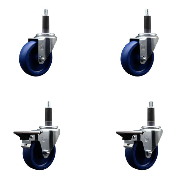 4 Inch Solid Poly Wheel Swivel 1 Inch Expanding Stem Caster Set 2 Brakes SCC
