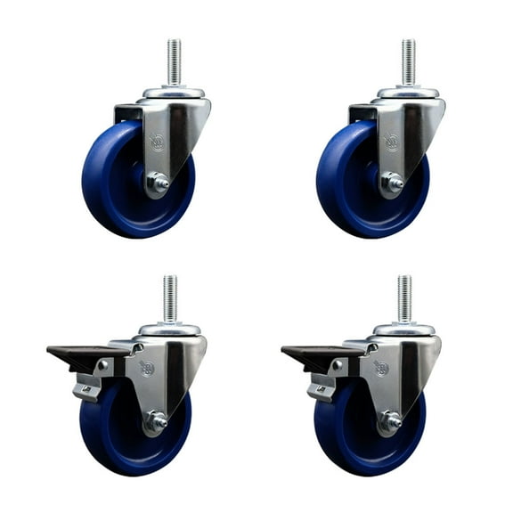 4 Inch Solid Poly Wheel Swivel 5/8 Inch Threaded Stem Caster Set 2 Brakes