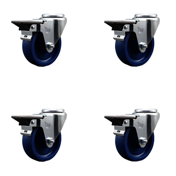 4 Inch Solid Poly Wheel Swivel Bolt Hole Caster Set with Posi Lock Brakes SCC