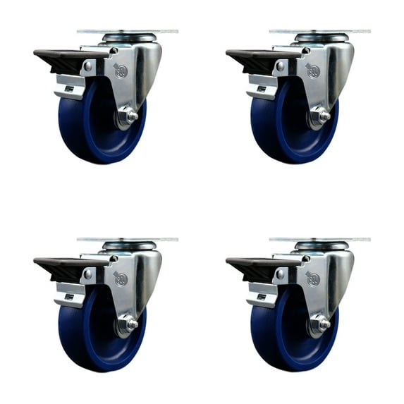 4 Inch Solid Poly Wheel Swivel Top Plate Caster Set Posi Brake Service Caster