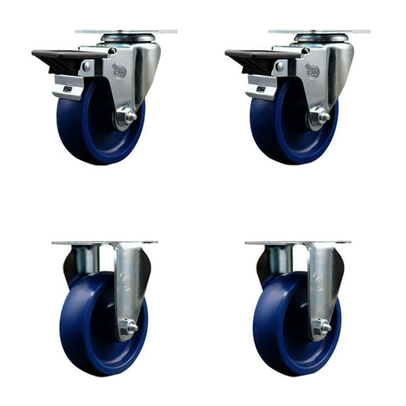 4 Inch Solid Poly Wheel Swivel Top Plate Caster Set with 2 Posi Brakes 2 Rigid