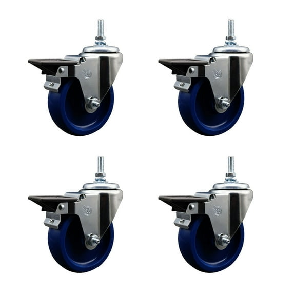 4 Inch Solid Polyurethane 3/8 Inch Threaded Stem Caster Set with Brake