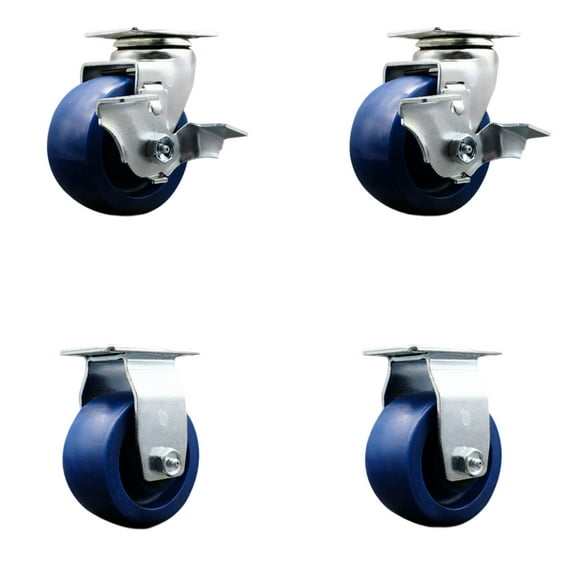 4 Inch Solid Polyurethane Caster Set with Roller Bearings 2 Brakes 2 Rigid