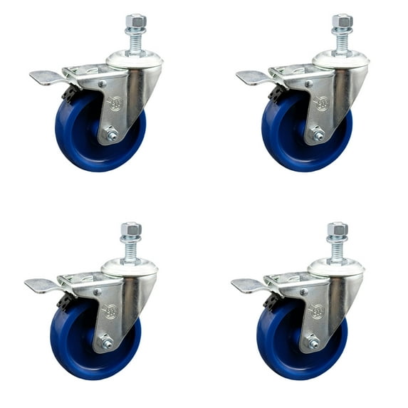4 Inch Solid Polyurethane Swivel 10mm Stem Caster Set with Total Lock Brake