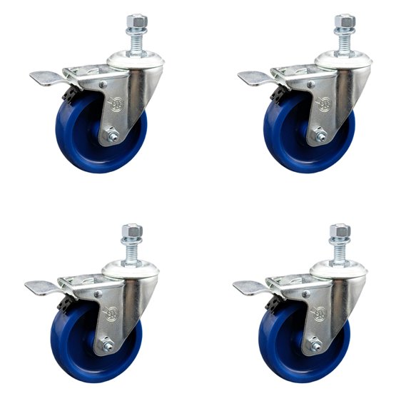 4 Inch Solid Polyurethane Swivel 3/8 Inch Stem Caster Set with Total Lock Brake