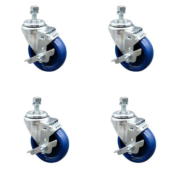 4 Inch Solid Polyurethane Swivel 3/8 Inch Threaded Stem Caster Set with Brake