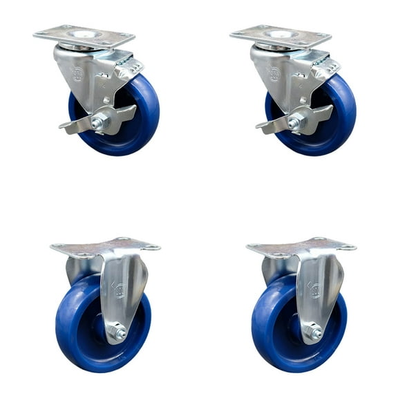 4 Inch Solid Polyurethane Swivel Top Plate Caster Set with 2 Brakes 2 Rigid SCC