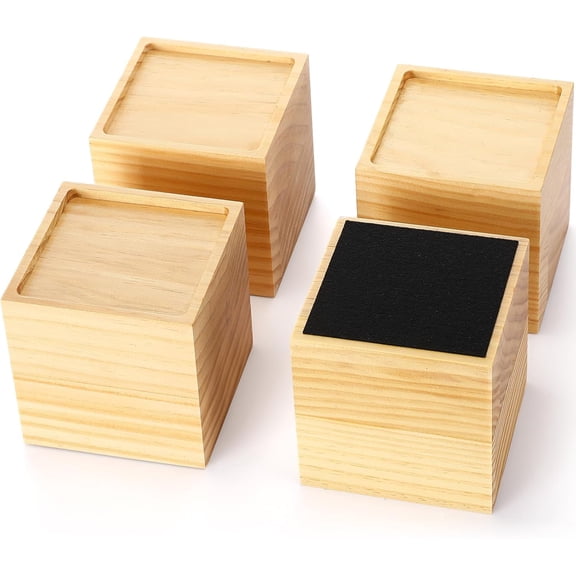 4 Inch Solid Wood Bed Furniture Risers Set of 4, Natural Color Square Heavy Duty Couch Lifters Brown Wooden Furniture Risers Blocks for Bed Frame, Sofa, Chair, Table, Cabinet, and More