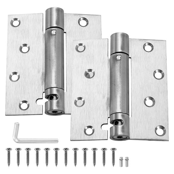 4 Inch Spring Loaded Door Hinge, 2 Pcs Stainless Steel Heavy Duty Self Closing Door Hinges with Screws wrench, Silver