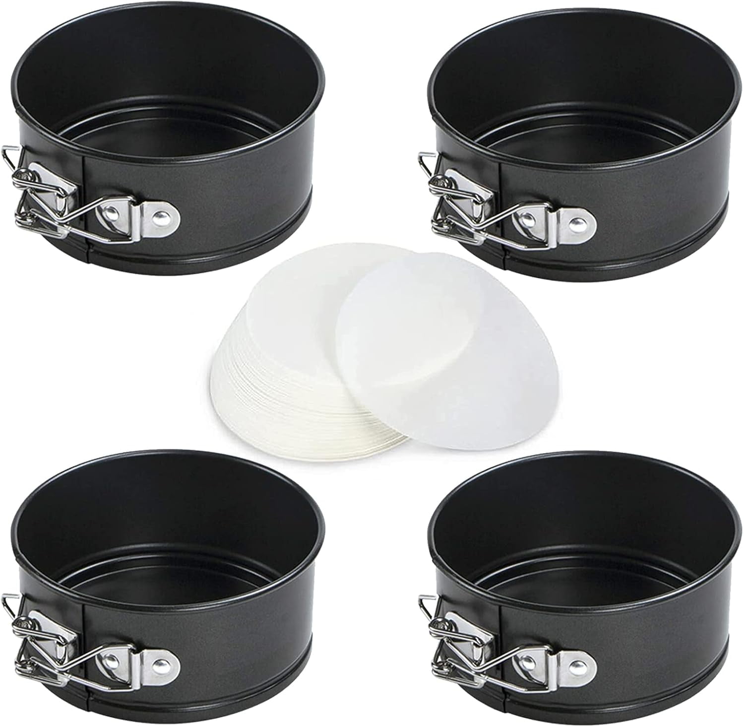 4-Inch Springform Pans Set, 4 Pack Non-Stick Cheesecake Pan, Leakproof Round Cake Pan, Removable Bottom Baking Pans, for Mini Cake, Pizzas and Quiches, Cheesecakes, Include 50 Pcs Cake Paper