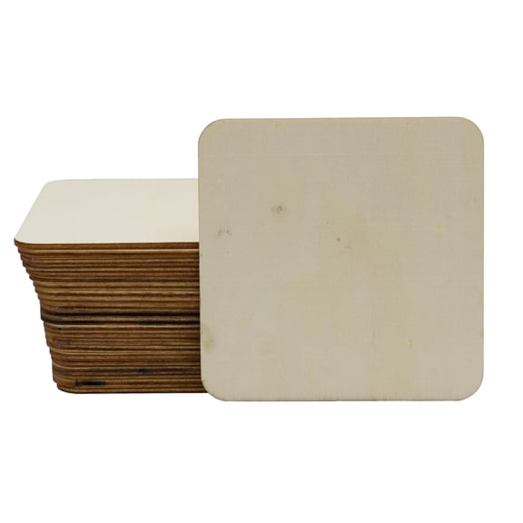 4 Inch Square Blank Wood Natural Slices Wooden Squares Cutouts for DIY Crafts Painting Staining Burning Coasters, Rounded Corners, 24 Pack