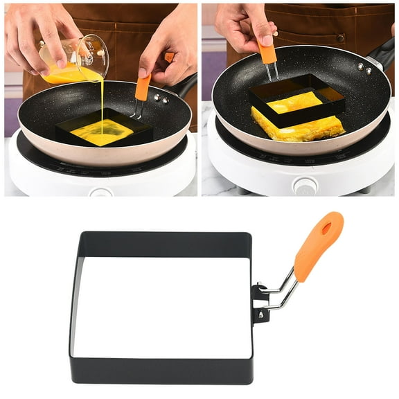 4 Inch Square Egg Ring for Frying,Egg Pancake Cooking Rings,Non Stick Stainless Steel Omelet Maker,Equipped with silicone insulated handle,oil brush,and egg separator(1 Pc)