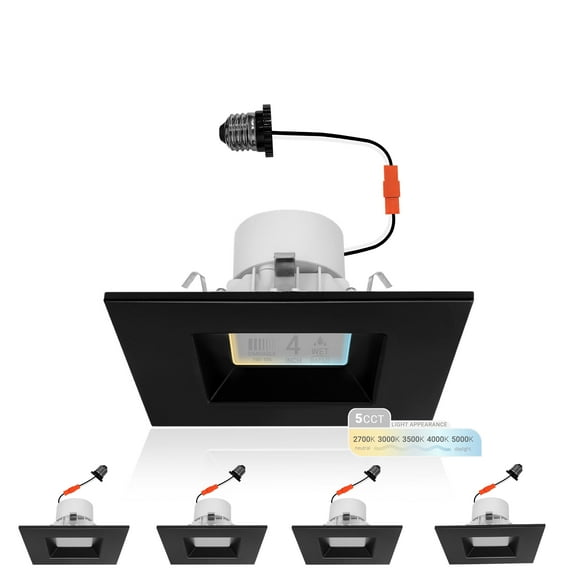 NUWATT 4 Pack, Black 4 Inch LED Ceiling Light Square Retrofit Can Light, 5CCT 2700K/3000K/3500K/4000K/5000K Selectable, 750 Lumens, 11W, Dimmable, ETL ES JA8 T24 Compliant, Wet & IC Rated