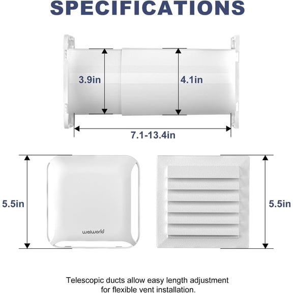 4 Inch Square Passive Air Vent, Adjustable Airflow Ventilation Kit with Extendable Duct - Natural Fresh Air Exchange for Home, Bedroom, Attic (No Motor)