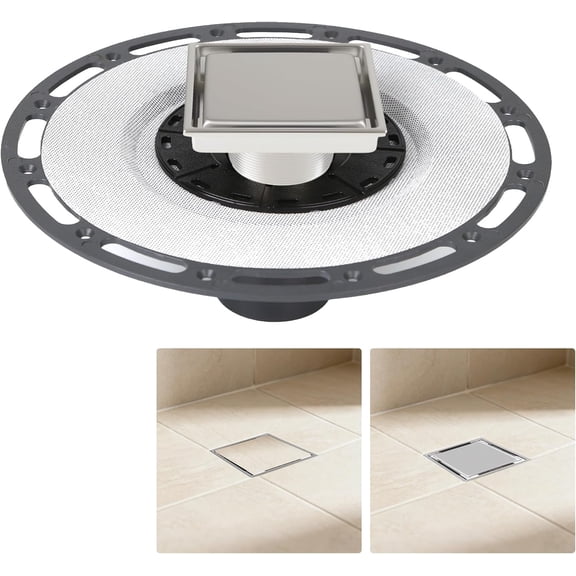 4-Inch Square Shower Drain Kit with Tiled Insert Grate, Brushed Stainless Steel Cover, PVC Bonding Flange & Hair Strainer, Fits 2" & 3" Pipes for Tiled Floors