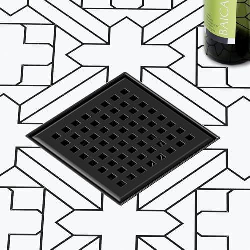 4 Inch Square Shower Drain with Removable Quadrato Pattern Grate, Matte Black 304 Stainless Steel Square Drain, with Watermark&CUPC Certified, Hair Strainer