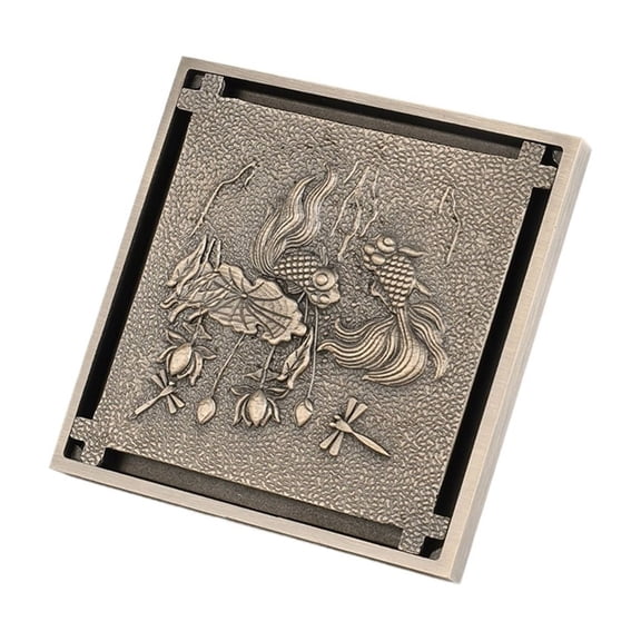 4 Inch Square Shower Floor Drain, Bronze Brass Vintage Goldfish Lotus Pattern Floor Drain for Bathroom
