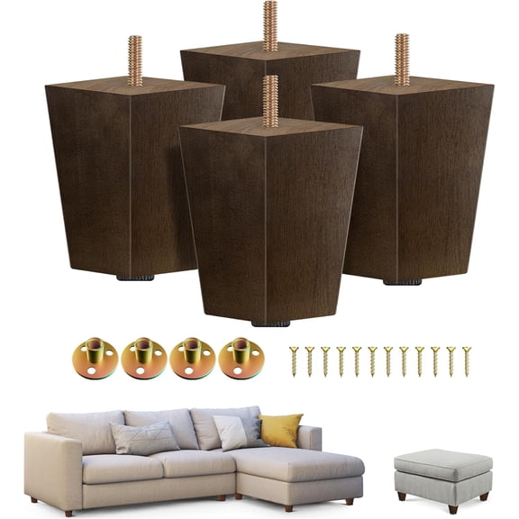 4-Inch Square Wooden Furniture Legs Set of 4, Brown Mid-Century Modern Feet for Sofa, Ottoman, Bench, Dresser, and Table Risers with Adjustable Levelers for Stability and Floor Protection