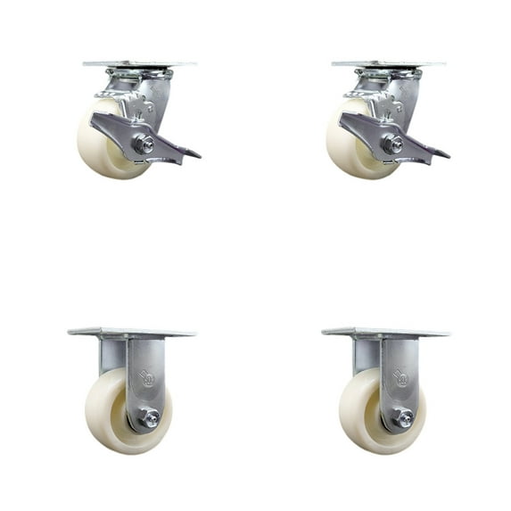 4 Inch Stainless Steel Nylon Caster Set with Roller Bearings 2 Brake 2 Rigid SCC