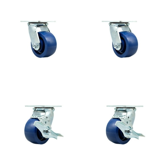 4 Inch Stainless Steel Solid Poly Swivel Caster Set with Roller Bearing 2 Brakes