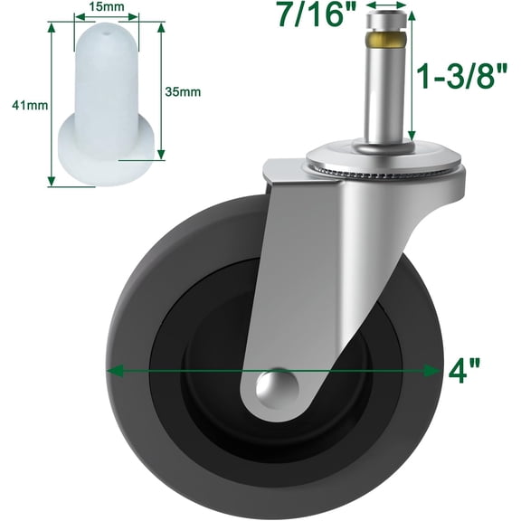 4 Inch Stem Caster Wheels - Heavy Duty TPR for Mop Buckets & Shop Vacs - 4 Pack