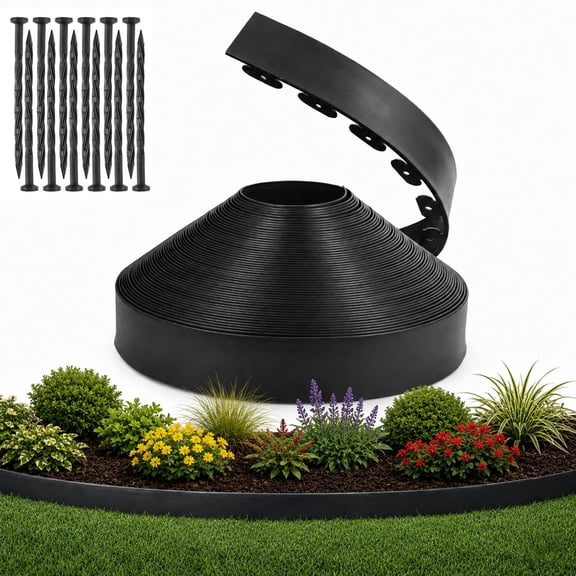 4 Inch Tall 200ft No Dig Landscape Edging, Heavy-Duty Plastic Border Roll Kit for Gardens and Flower Beds (Black)