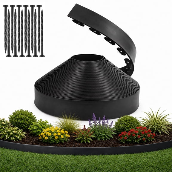 4 Inch Tall 200ft No Dig Landscape Edging, Heavy-Duty Plastic Border Roll Kit for Gardens and Flower Beds (Black)