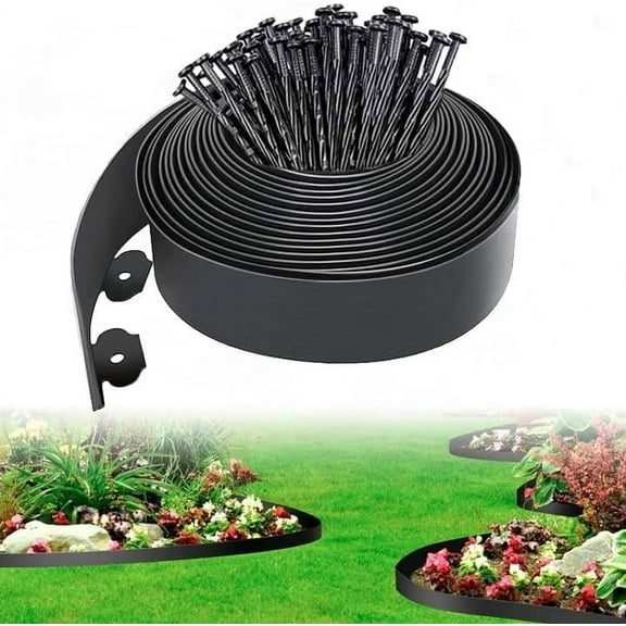 4 Inch Tall No-Dig Landscape Edging 40FT, Black Plastic Garden Border with 15 Anchoring Spikes - Perfect for Flower Beds, Lawn & Garden (Black, 4In x 40FT)