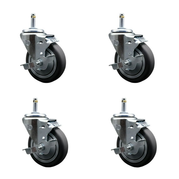 4 Inch Thermo Rubber Swivel 7/16 Inch Grip Ring Stem Caster Set with Brake