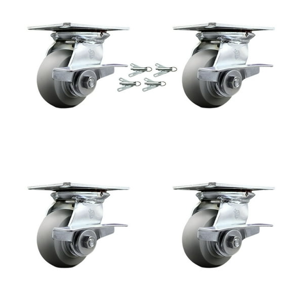 4 Inch Thermoplastic Caster Set with Ball Bearings and Brakes/Swivel Locks SCC