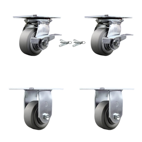 4 Inch Thermoplastic Rubber Caster Set 2 Brakes/Swivel Locks and 2 Rigid SCC