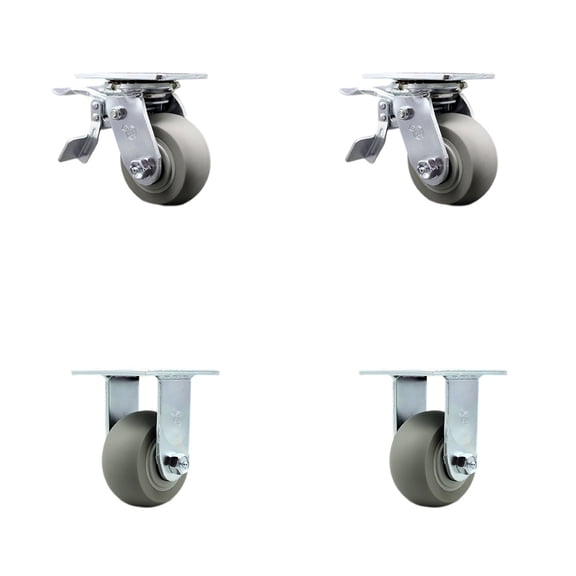 4 Inch Thermoplastic Rubber Caster Set with Roller Bearings 2 Brakes 2 Rigid SCC