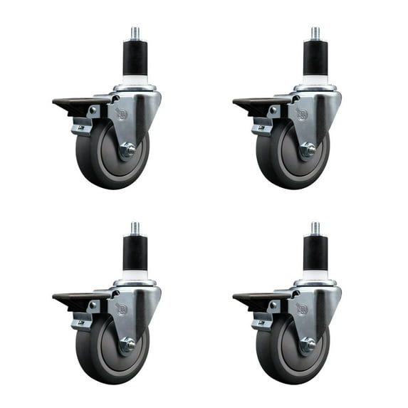 4 Inch Thermo Rubber Swivel 1-1/2 Inch Expanding Stem Caster Set with Brake