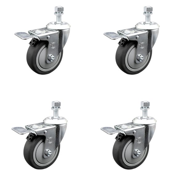 4 Inch Thermoplastic Rubber Swivel 10mm Stem Caster Set Total Lock Brake SCC