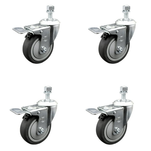 4 Inch Thermoplastic Rubber Swivel 12mm Stem Caster Set Total Lock Brake SCC
