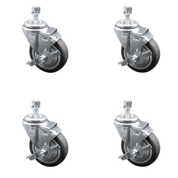 4 Inch Thermoplastic Rubber Swivel 3/8 Inch Threaded Stem Caster Set with Brake