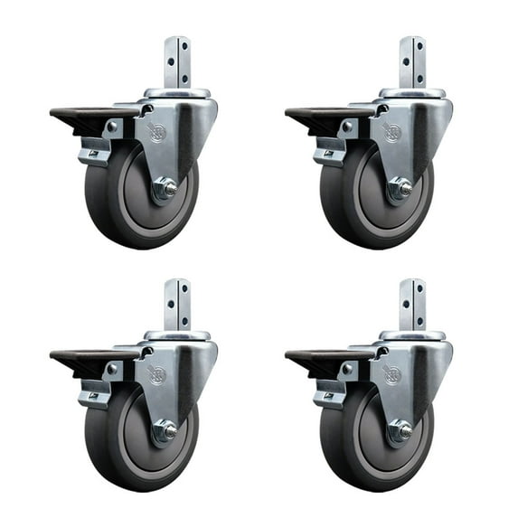 4 Inch Thermoplastic Rubber Swivel 7/8 Inch Square Stem Caster Set with Brake