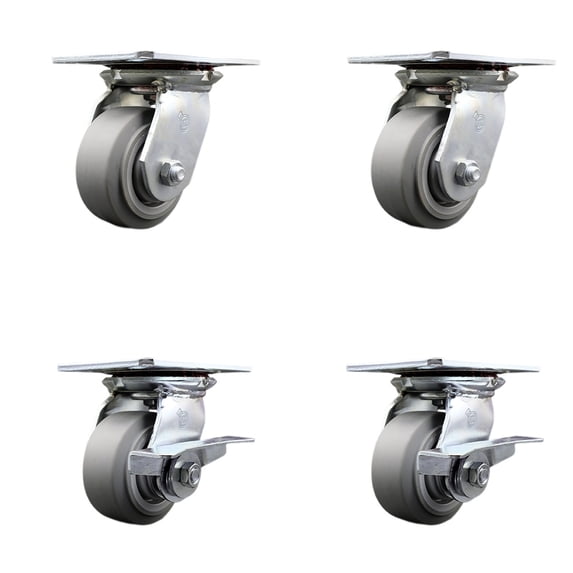 4 Inch Thermoplastic Rubber Swivel Caster Set with Ball Bearings 2 Brakes SCC