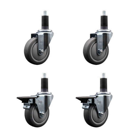 4 Inch Thermo Rubber Wheel Swivel 1-1/4 Inch Expanding Stem Caster Set 2 Brakes