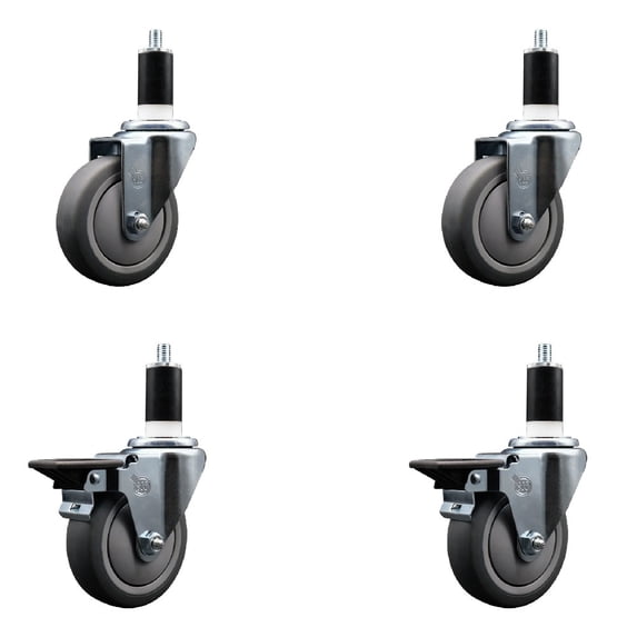 4 Inch Thermo Rubber Wheel Swivel 1-3/8 Inch Expanding Stem Caster Set 2 Brakes