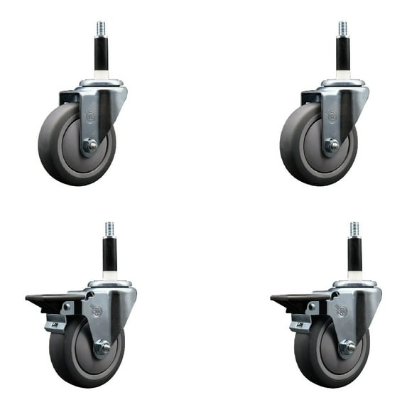 4 Inch Thermo Rubber Wheel Swivel 7/8 Inch Expanding Stem Caster Set 2 Brakes