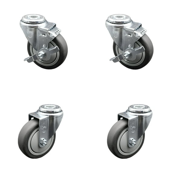 4 Inch Thermoplastic Rubber Wheel Swivel Bolt Hole Caster Set with 2 Brake SCC