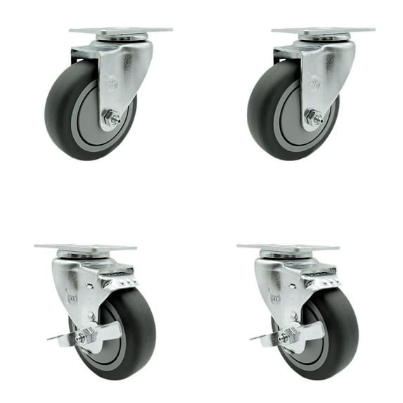 4 Inch Thermoplastic Rubber Wheel Swivel Top Plate Caster Set with 2 Brakes SCC