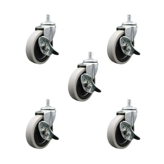 4 Inch Thermoplastic Wheel 7/8 Inch Grip Ring Stem Caster with Brakes Set of 5