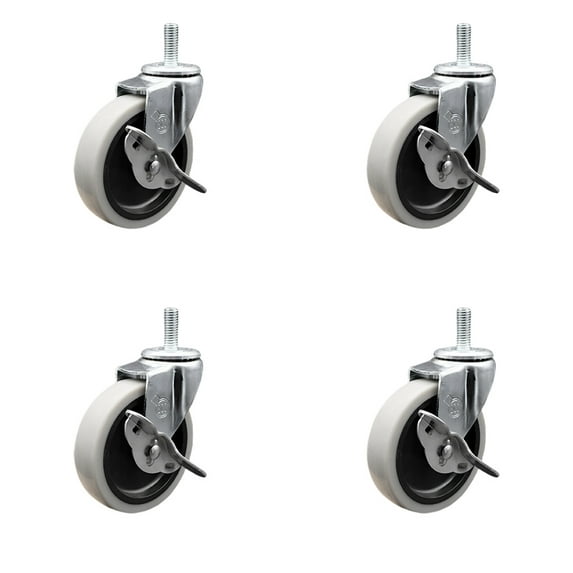 4 Inch Thermoplastic Wheel 8mm Threaded Stem Caster Set with Brakes Set of 4 SCC