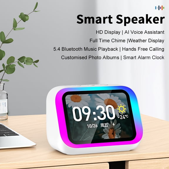 4-Inch  Touchscreen Smart Speaker and Alarm Clock with RGB Night Light - AI Speaker Featuring Weather, Calculator, and Enhanced Bass